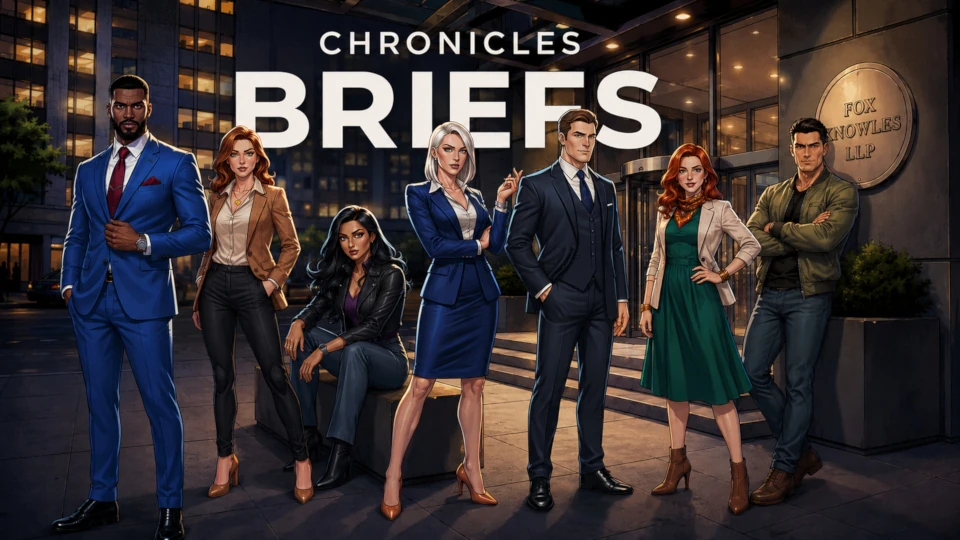 The cast of Chronicles Briefs outside a New York law firm