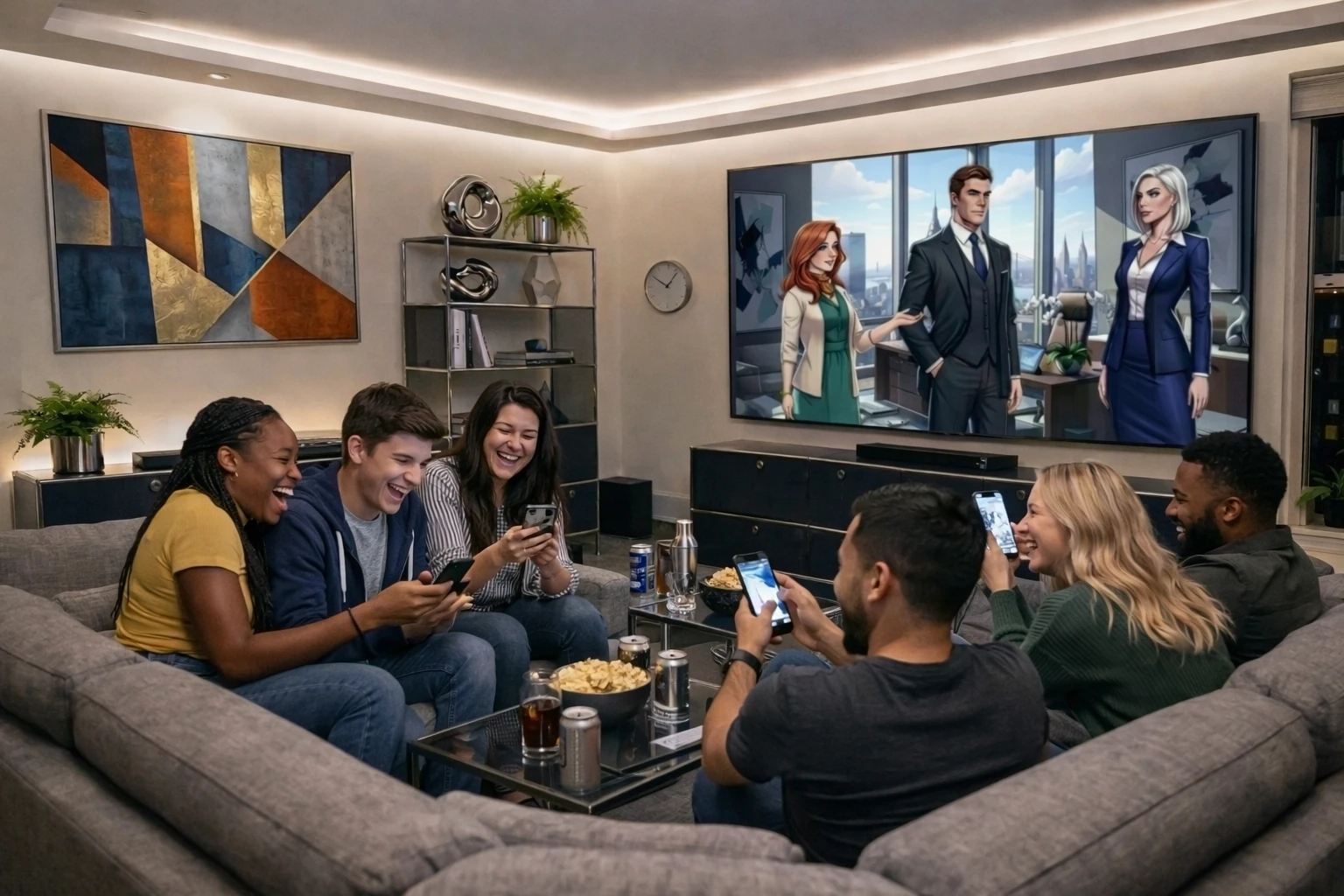 A group of friends playing Chronicles together on a television while using their phones